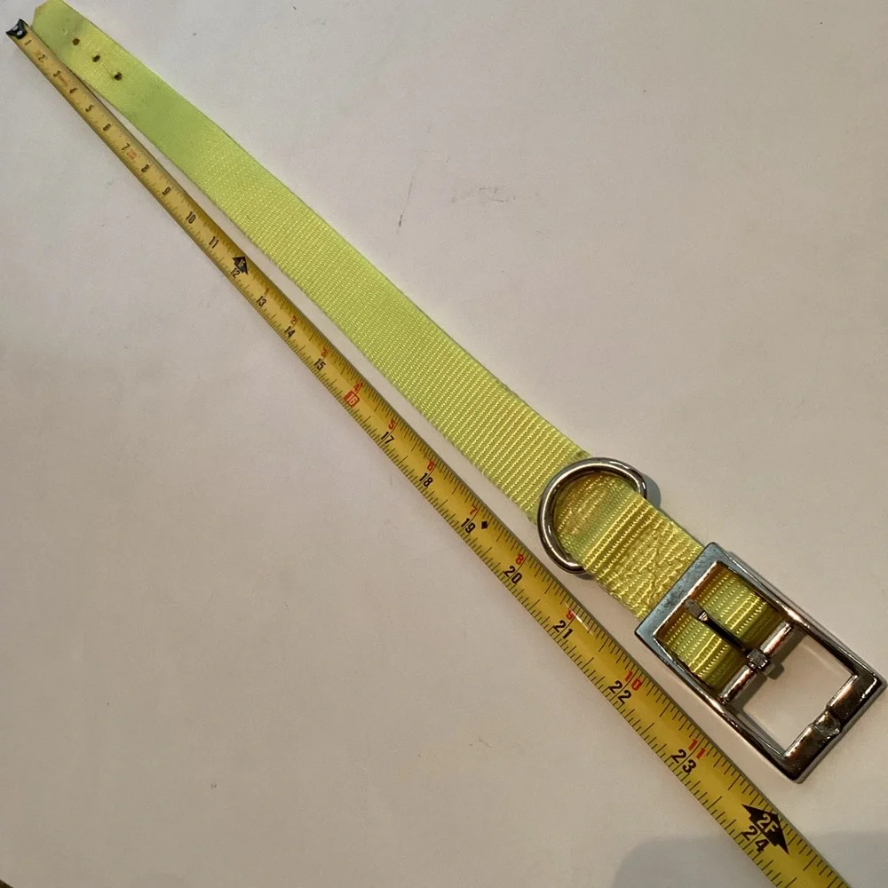 Dog collar, bright yellow, 24” x 1”, heavy nylon, metal hardware. Adjustable